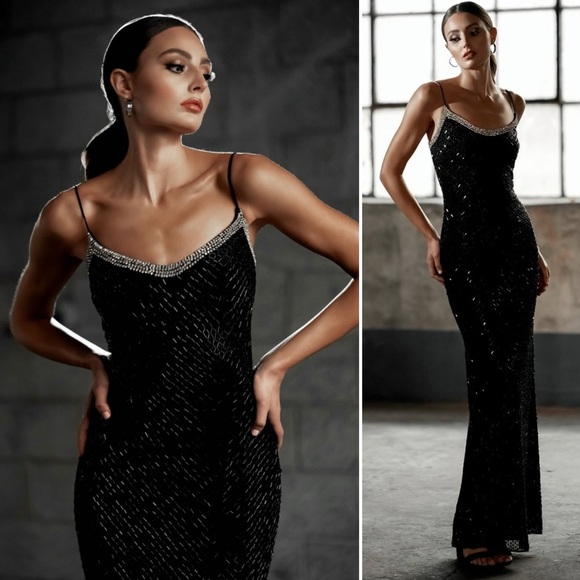 Mac Duggal Black Beaded Spaghetti Strap Rhinestone-Encrusted Column Gown - 6 - Picture 1 of 13